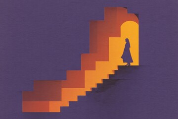 Aufkleber - Woman Silhouette Ascending Geometric Staircase Toward Bright Light, Symbolizing Career Advancement and Personal Growth in a Minimalist Style : Generative AI