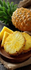Poster - Sliced Pineapple on Wooden Plate, Representing Tropical Refreshment and Healthy Eating, Perfect for Summer Recipes and Wellness Campaigns : Generative AI
