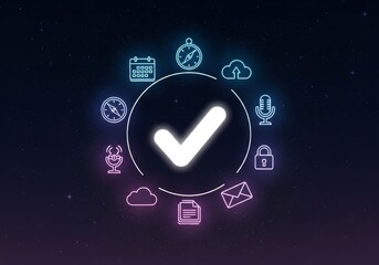 Poster - Complete Task Management System - Efficient task management system graphic with icons representing key features like calendar, cloud storage, security, and communication