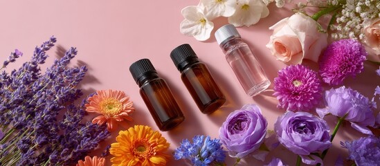 Aufkleber - Essential Oil Bottles Surrounded by Colorful Flowers on Pink Background, Promoting Wellness and Aromatherapy Benefits : Generative AI