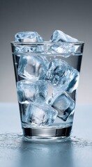 Poster - Glass of Water Filled With Ice Cubes, Illustrating Refreshment and Purity in a Clean, Minimalist Style for Beverage Advertising : Generative AI