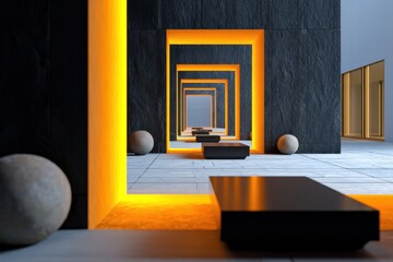 Poster - Abstract Corridor of Glowing Orange Frames With Minimalist Black Tables, Representing Innovation and Architectural Design for Modern Real Estate : Generative AI