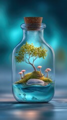 Poster - Miniature Ecosystem With Tree and Mushrooms in Glass Bottle, Symbolizing Environmental Conservation and Sustainable Living : Generative AI
