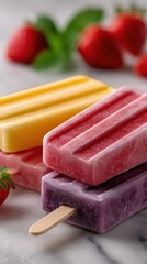 Poster - Colorful Popsicles Stacked on Marble Surface With Strawberries, Representing Summer Refreshment and Healthy Eating Habits for Lifestyle Content : Generative AI