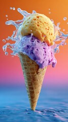 Poster - Two Scoops of Ice Cream in a Cone With Water Splash, Representing Summer Fun and Sweet Indulgence for Food Advertising : Generative AI