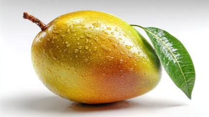 Poster - Fresh Mango With Water Droplets and Green Leaf, Representing Healthy Eating and Tropical Vacation : Generative AI