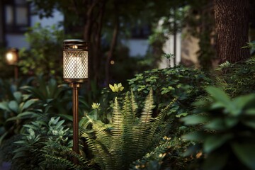 Poster - Illuminated Garden Path Light Surrounded By Ferns at Dusk, Showcasing Tranquility and Outdoor Living Spaces for Real Estate Marketing : Generative AI