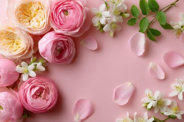 Poster - Pastel Pink Ranunculus and White Flowers on Pink Background, Representing Femininity and Gentle Romance for Mother's Day Greetings and Wedding Invitations : Generative AI