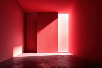 Poster - Minimalist Red Room With Light Shaft, Ideal For Architectural Visualization and Interior Design Mockups : Generative AI