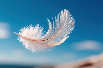 Poster - Floating Feather Against Blue Sky, Symbolizing Freedom and Lightness For Wellness and Serenity Projects : Generative AI