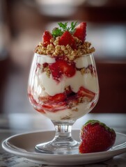 Poster - Strawberry Parfait Dessert in Glass, Representing Healthy Eating and Summer Indulgence for Food Bloggers and Recipe Developers, With Granola and Yogurt Layers : Generative AI