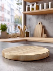 Aufkleber - Wooden Cutting Board on Kitchen Countertop With Blurry Background, Illustrating Culinary Preparation and Food Presentation : Generative AI
