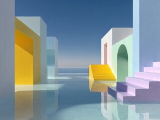 Poster - Pastel Buildings With Staircases Reflected in Water Under Blue Sky, Ideal for Real Estate Marketing and Architectural Visualization : Generative AI