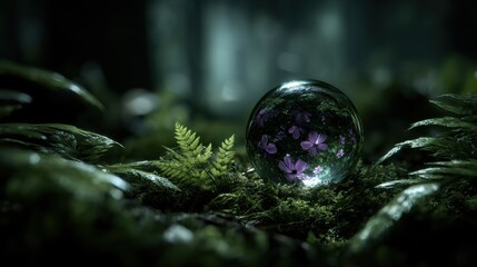 Aufkleber - Crystal Ball Reflecting Purple Flowers in Forest, Representing Natural Beauty and Environmental Awareness for Sustainable Living Campaigns : Generative AI