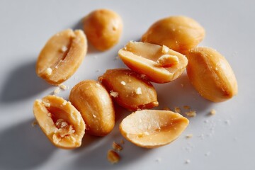 Poster - Close-Up of Shelled Peanuts on White Surface, Representing Healthy Snack Choices and Food Industry Ingredient Sourcing : Generative AI