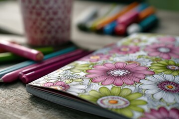 Poster - Floral Patterned Notebook and Colored Pencils on Wooden Table, Representing Creativity and Artistic Expression for Back to School Supplies : Generative AI