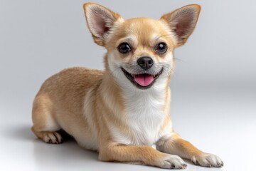 Poster - Smiling Chihuahua Dog Lying Down on White Background, Representing Pet Ownership and Animal Companionship : Generative AI