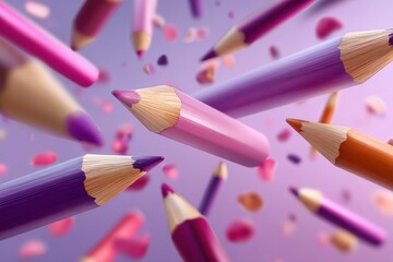 Poster - Floating Colored Pencils on Lilac Background, Symbolizing Creativity and Artistic Expression for Educational Resources and Design Projects : Generative AI