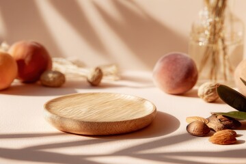 Poster - Wooden Plate Surrounded by Peaches and Almonds in Warm Sunlight, Suggesting Natural Beauty and Healthy Lifestyle Choices for Food Bloggers : Generative AI