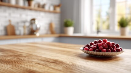 Poster - Bowl of Cherries and Raspberries on Wooden Tabletop in Bright Kitchen, Representing Healthy Eating and Culinary Lifestyle : Generative AI