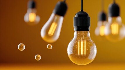 Leinwandbilder - Glowing Light Bulbs Suspended in Air With Water Droplets, Symbolizing Innovation and Bright Ideas for Business Solutions and Marketing Campaigns : Generative AI