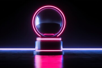 Poster - Glowing Neon Circle Frame With Glass Sphere on Pedestal, Symbolizing Innovation and Futuristic Technology in Product Presentations and Digital Marketing : Generative AI