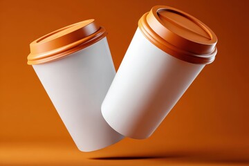 Poster - Two Coffee Cups on Orange Background, Representing Morning Routine and Takeaway Convenience for Busy Lifestyle : Generative AI