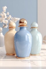 Aufkleber - Three Decorative Vases in Pastel Colors on Marble Surface, Evoking Serenity and Home Decor Inspiration for Interior Design Projects : Generative AI