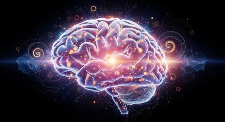 Poster - Illuminated Human Brain - A vibrant of a human brain, glowing with energy and intricate details. Represents intelligence, thought, and neural activity