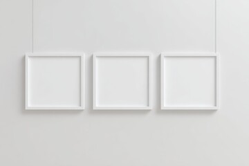 Poster - Three White Square Frames Hanging on a White Wall, Ideal for Minimalist Interior Design and Creative Portfolio Presentation : Generative AI