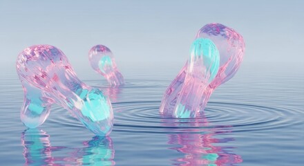 Poster - Pink and Blue Glass Forms in Water - Abstract of pink and blue glass-like forms floating on calm water, creating gentle ripples