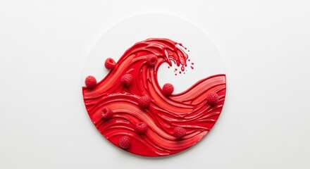 Poster - Red Wave with Raspberries - Abstract food art featuring a stylized red wave adorned with raspberries on a white background