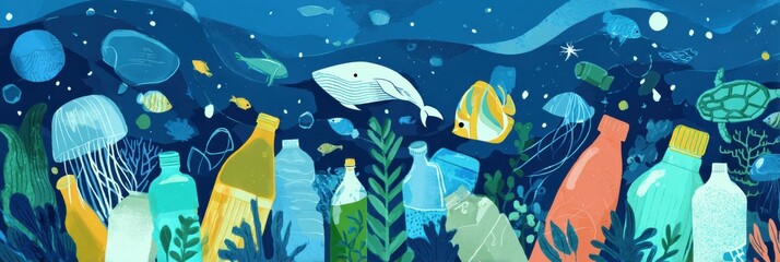 Aufkleber - Impact of Plastic Pollution on Ocean Ecosystems and Marine Life Illustrated in an Engaging Infographic