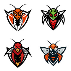 Poster - Four insect mascot logos displayed with different color schemes and shield shaped backgrounds in a grid