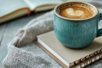 Poster - High Resolution Picture of a Cup of Coffee with a Spiral Bound Book on Top of it