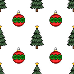 Poster - Seamless vector pattern featuring stylized Christmas trees and ornaments in red and green, perfect for festive designs and winter holiday backgrounds.