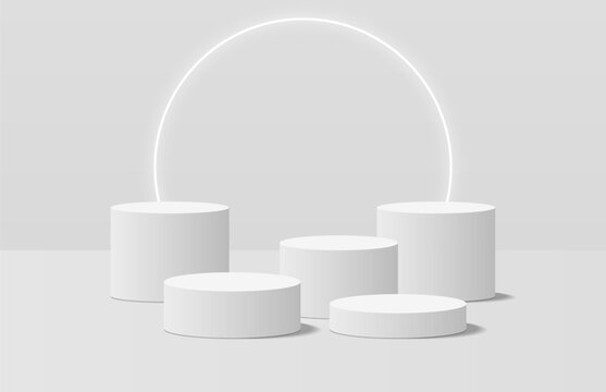 Soft realistic white 3d cylinder podium, round circle glowing neon light shining behind. 3D vector stage for product mockup. Geometric platform. Vector rendering. Minimal scene for product promotion.