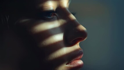 Poster - Cinematic portraiture featuring female model posing with venetian blind shadows casting dramatic lines across silky skin, creating mysterious artistic mood with intense visual depth