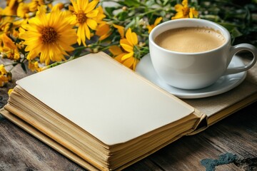 Poster - Detailed Color Picture of Book Mockup with Coffee and Flowers