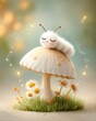 © Warawut Khueanpet - cute caterpillar sleeping on a soft white mushroom cap in a magical forest morning light, cinematic blur and dreamy sparkles, white background