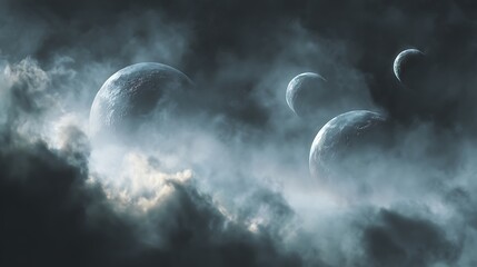 Wall Mural - Celestial bodies with mystical aura falling from dark grey sky, surrounded by wispy clouds and eerie mist, Mystical, Mist .