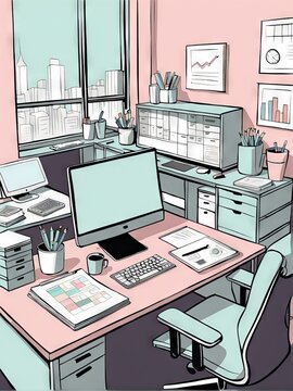 modern office workplace interior design, computer illustration workspace
