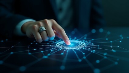 Poster - A close-up of a businessman's hand interacting with a digital network interface.