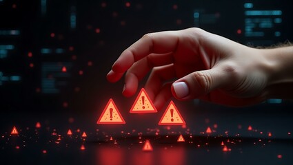 Poster - A close-up of a human hand reaching for glowing red warning signs in a digital environment, creating a sense of urgency and caution.