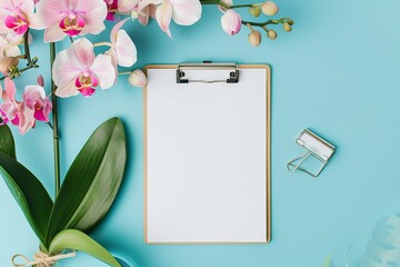 Poster - Ultra Quality Image of Mockup with Clipboard, Orchid Flowers and Clips