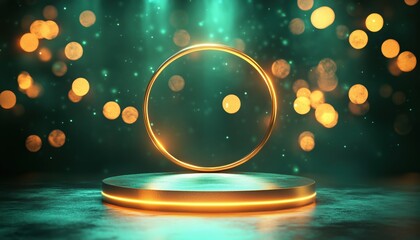 Poster - Luxurious Scene Of An Empty Podium Glistening In Gold On A Green Background With Neon Lighting Effects And Bokeh Decorations.
