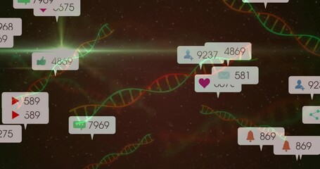 Poster - Starting dark red helix backdrop, metric icons sliding and clustering to visualize social data flow