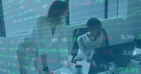 Poster - Standing coworker pointing at screen generating floating stock charts, guiding peer analysis