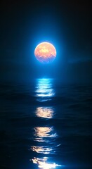 Wall Mural - A large glowing orb hangs over a vast dark blue ocean 4K vertical