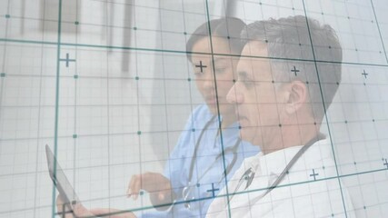 Poster - Nurse tapping tablet and doctor scrolling screen in clinic with data grid reviewing patient data